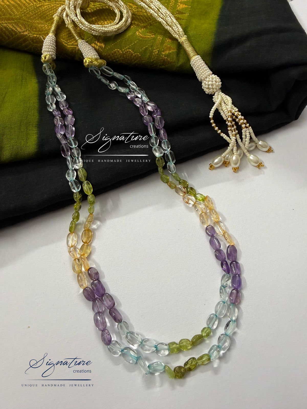 Multi-Gemstone Two-Line Necklace — Amethyst, Peridot, Citrine and Quartz