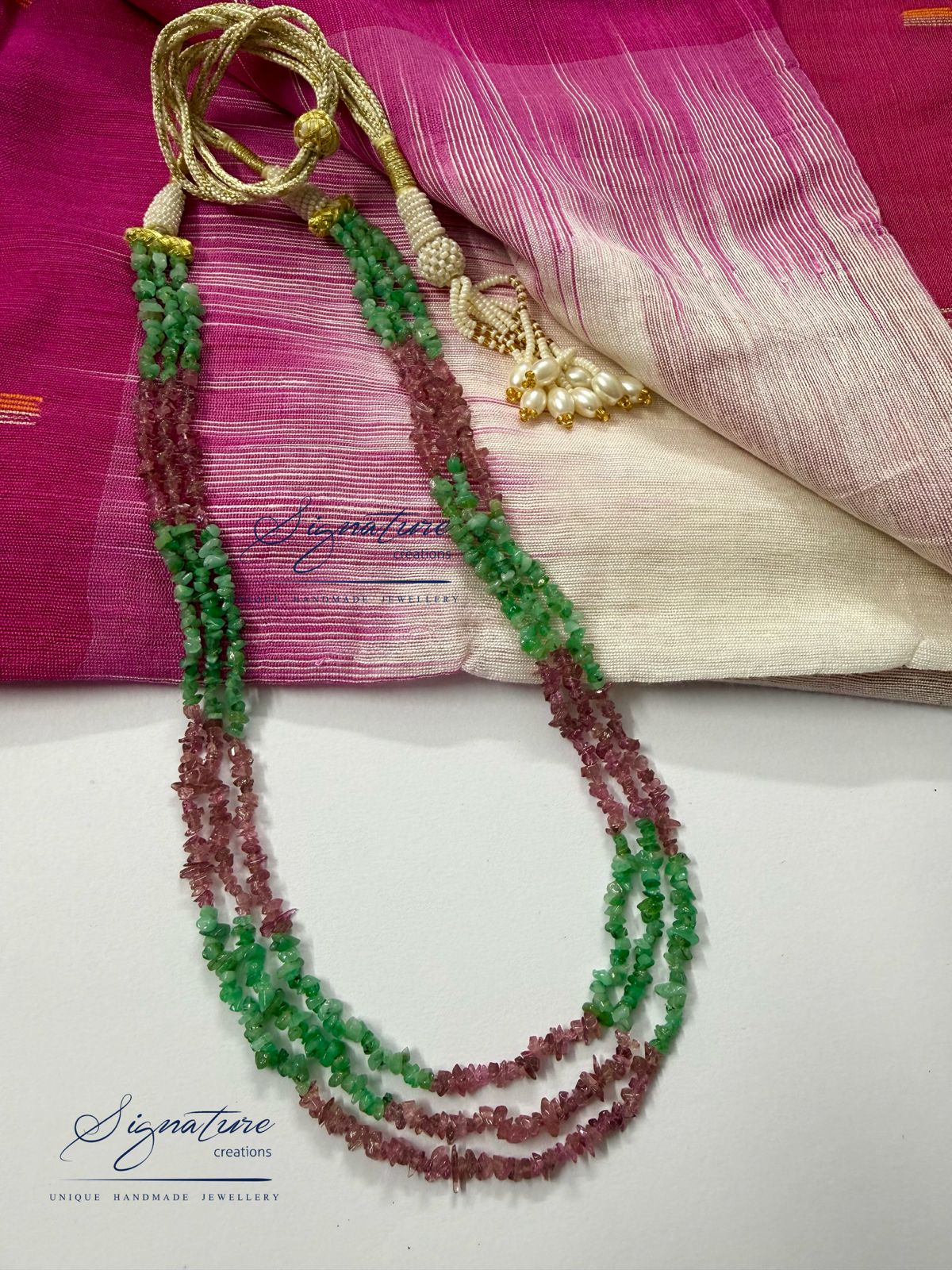 Emerald and Pink Tourmaline Three-Line Necklace
