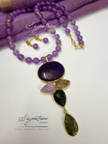 Amethyst Bead Carved Leaf Pendant Set