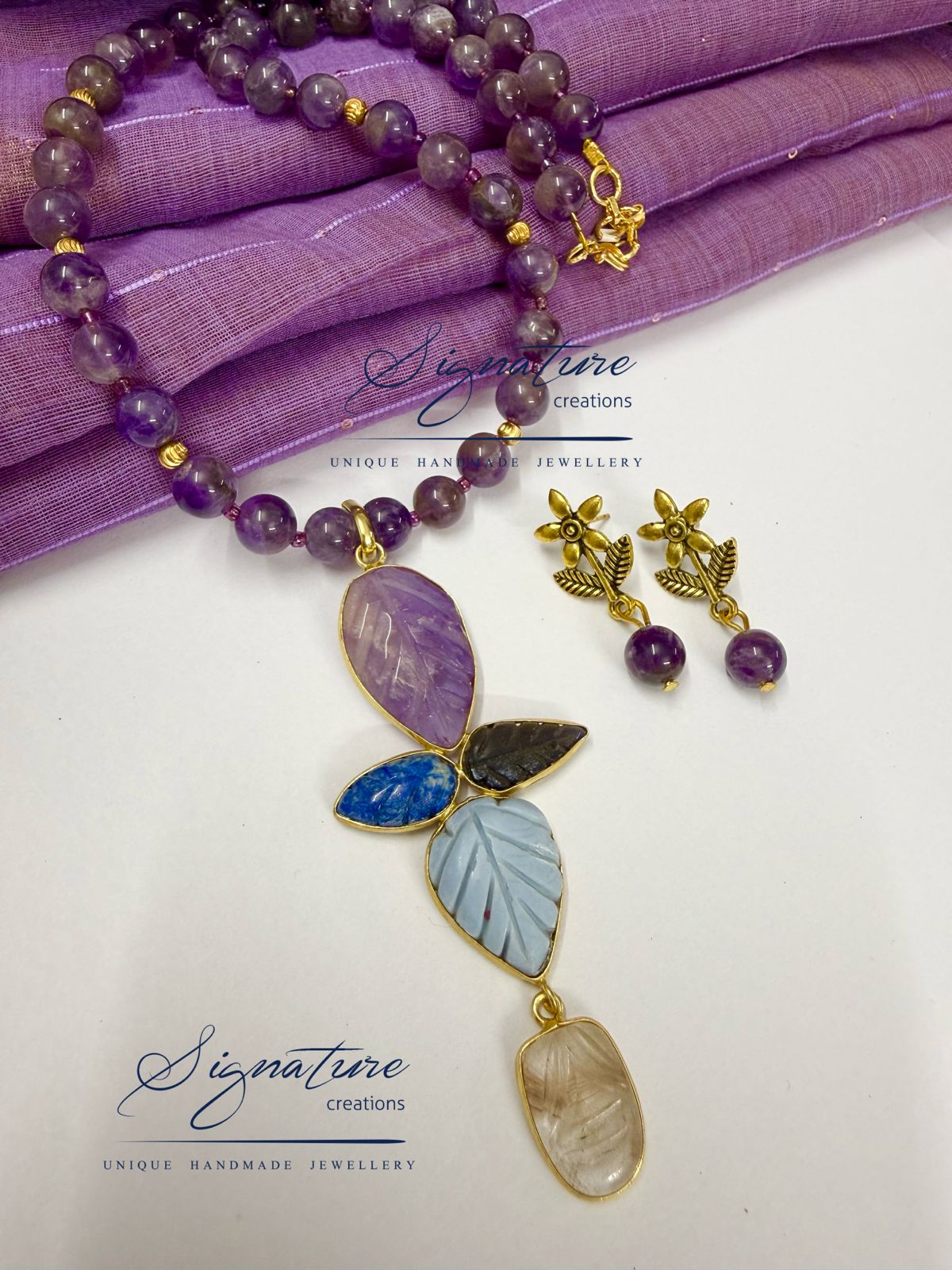 Amethyst Bead Carved Leaf Pendant Set