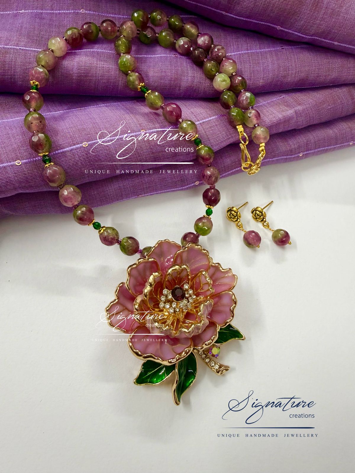 Watermelon Agate Floral Pendant Set