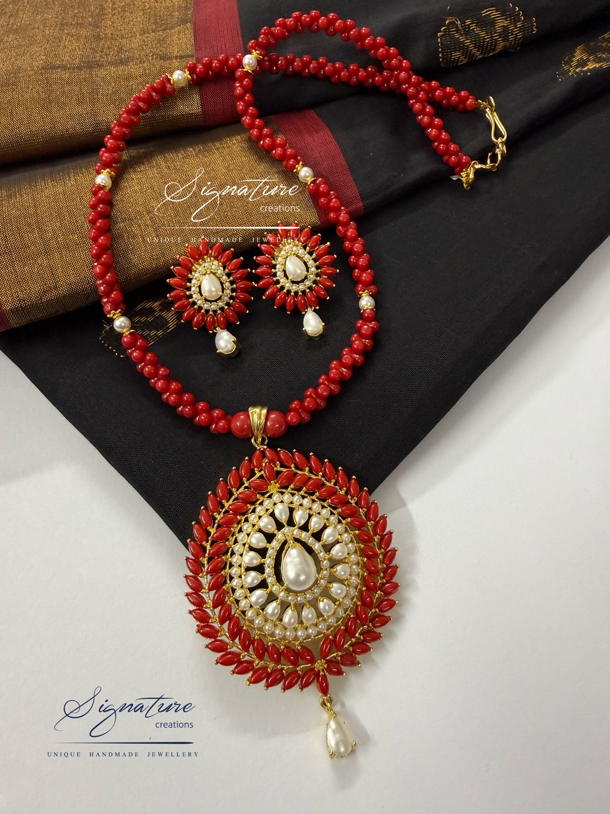Taiwan Coral and Mother-of-Pearl Pendant Set
