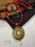 Taiwan Coral and AD Navratna-Style Pendant Set