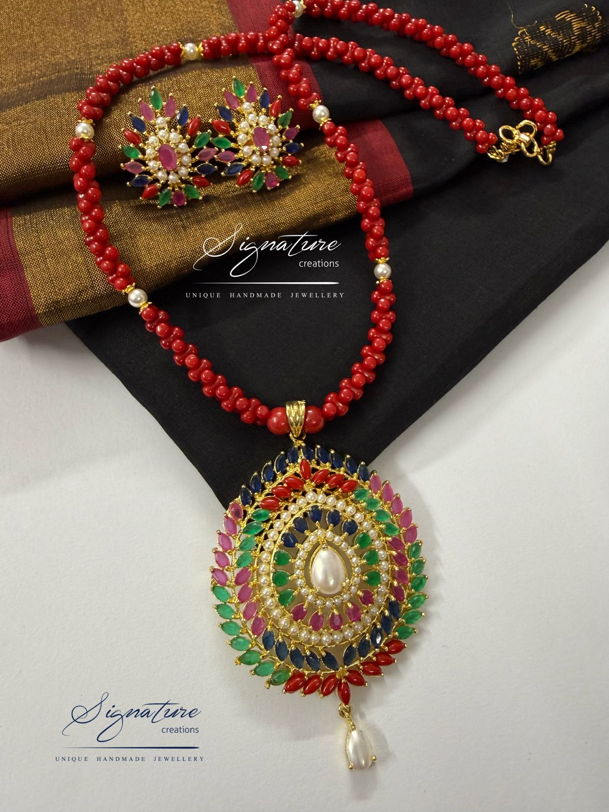 Taiwan Coral and AD Navratna-Style Pendant Set