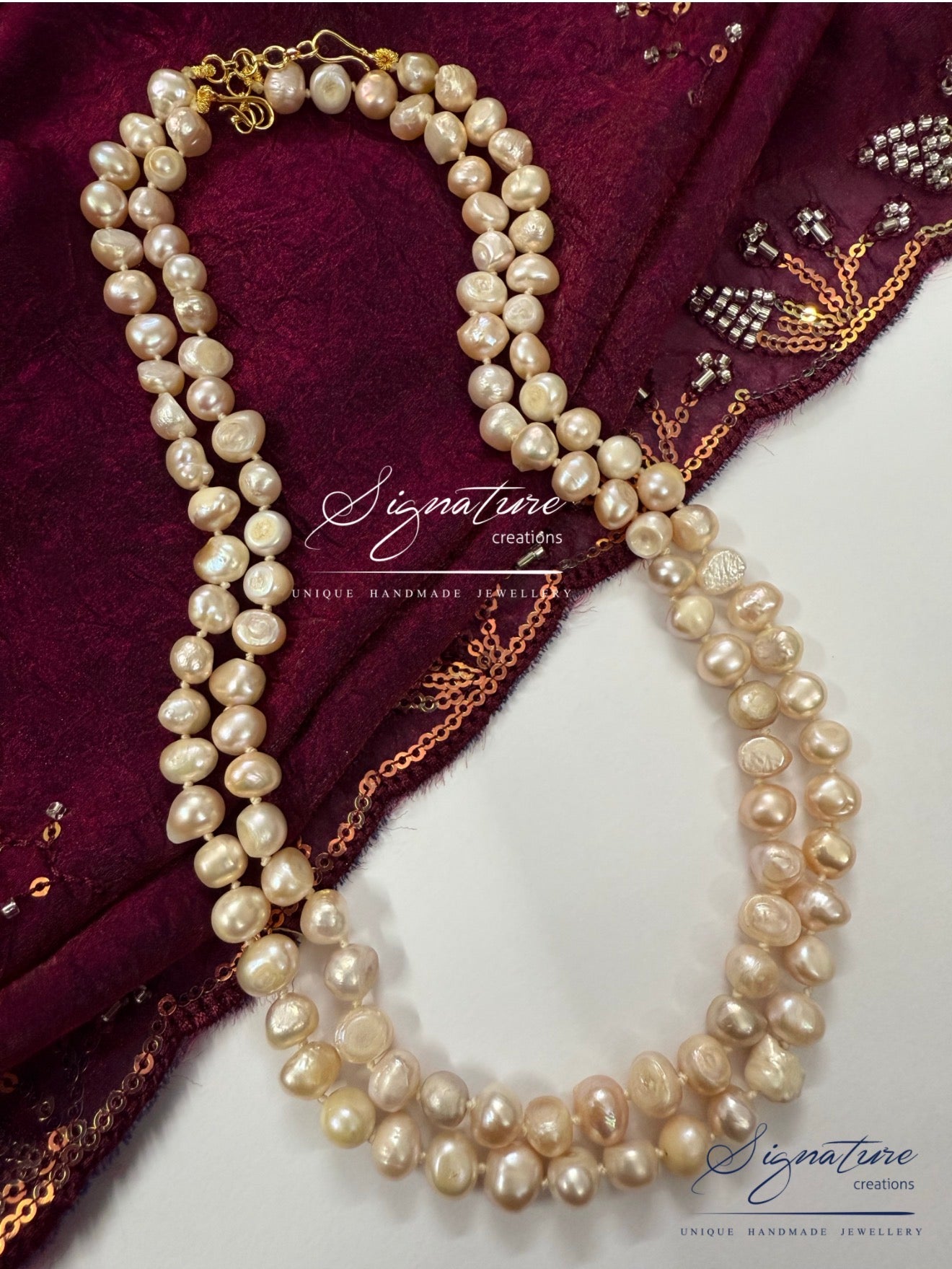 Original Freshwater Peach Tone Pearl Double Line Set
