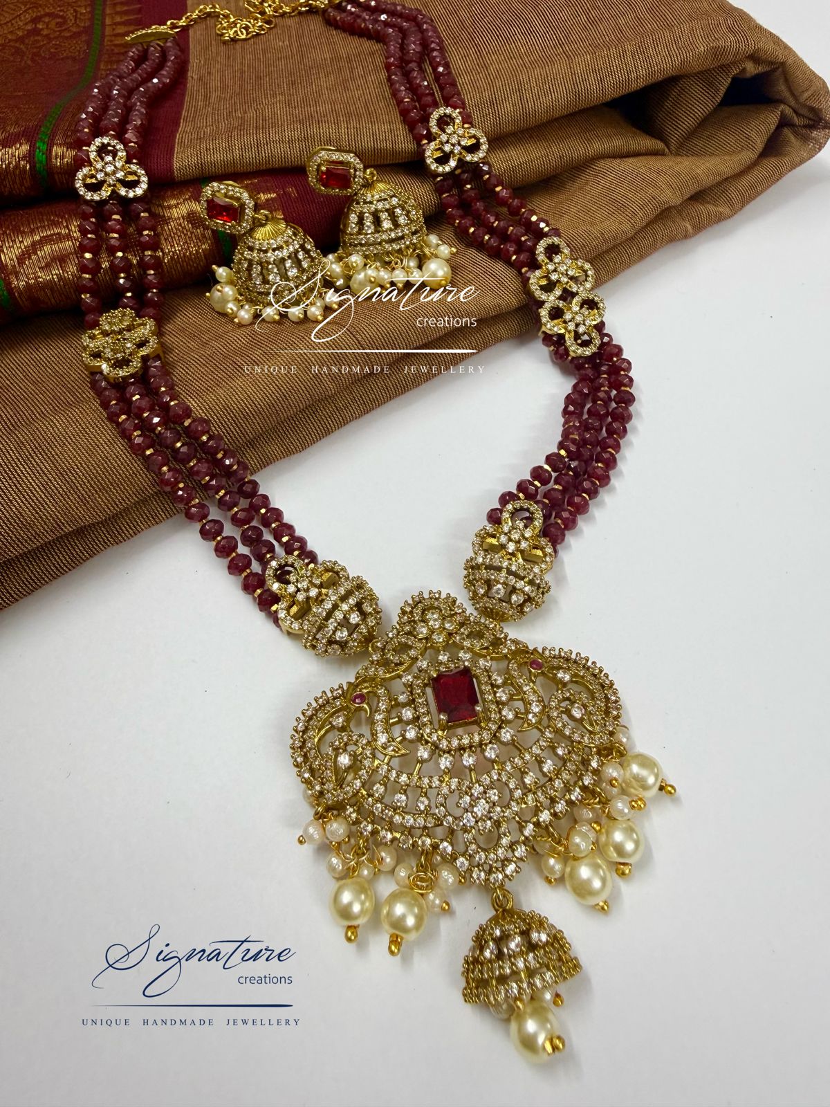Maroon Agate Victorian Jhumka Pendant Haram