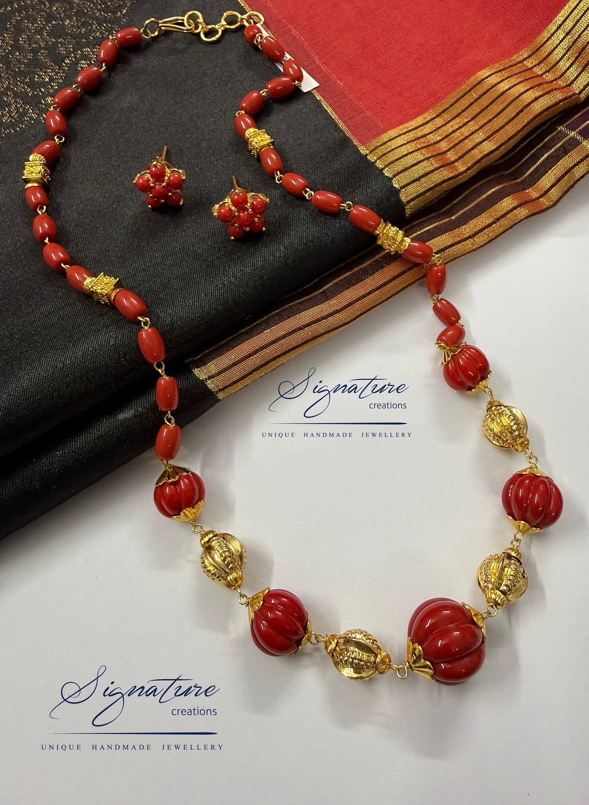 Taiwan Coral Melon and Gold Bead Necklace