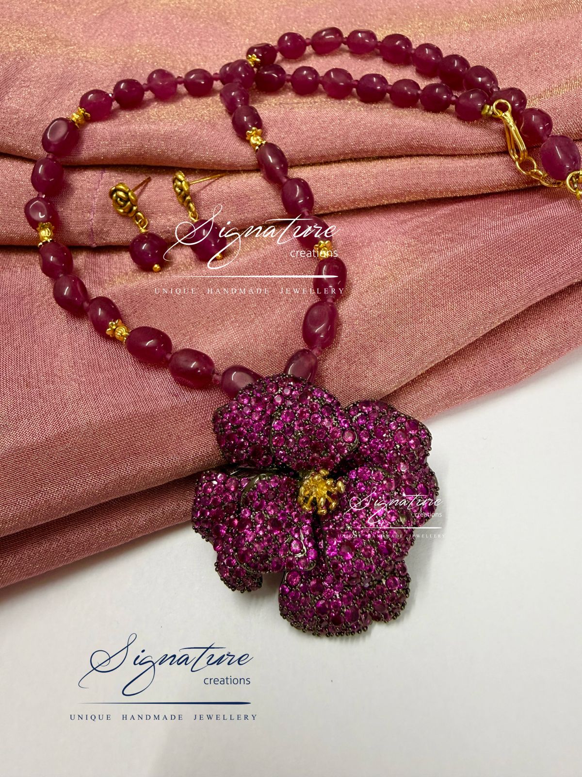 Ruby Pink Agate Flower Pendant Necklace