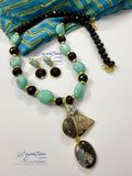 Turquoise-Tone and Black Bead Gemstone Pendant Necklace