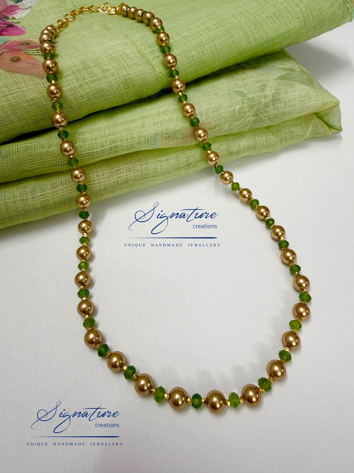 Gold Shell Pearl and Green CZ Necklace