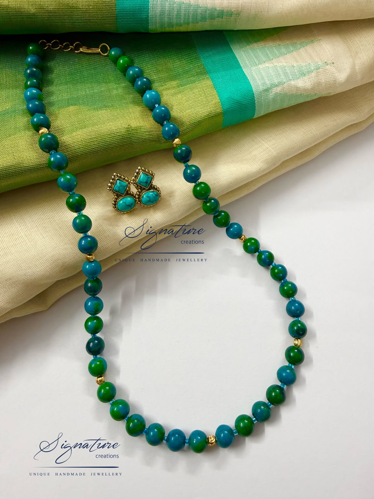 Blue-Green Dyed Agate Round Bead Necklace