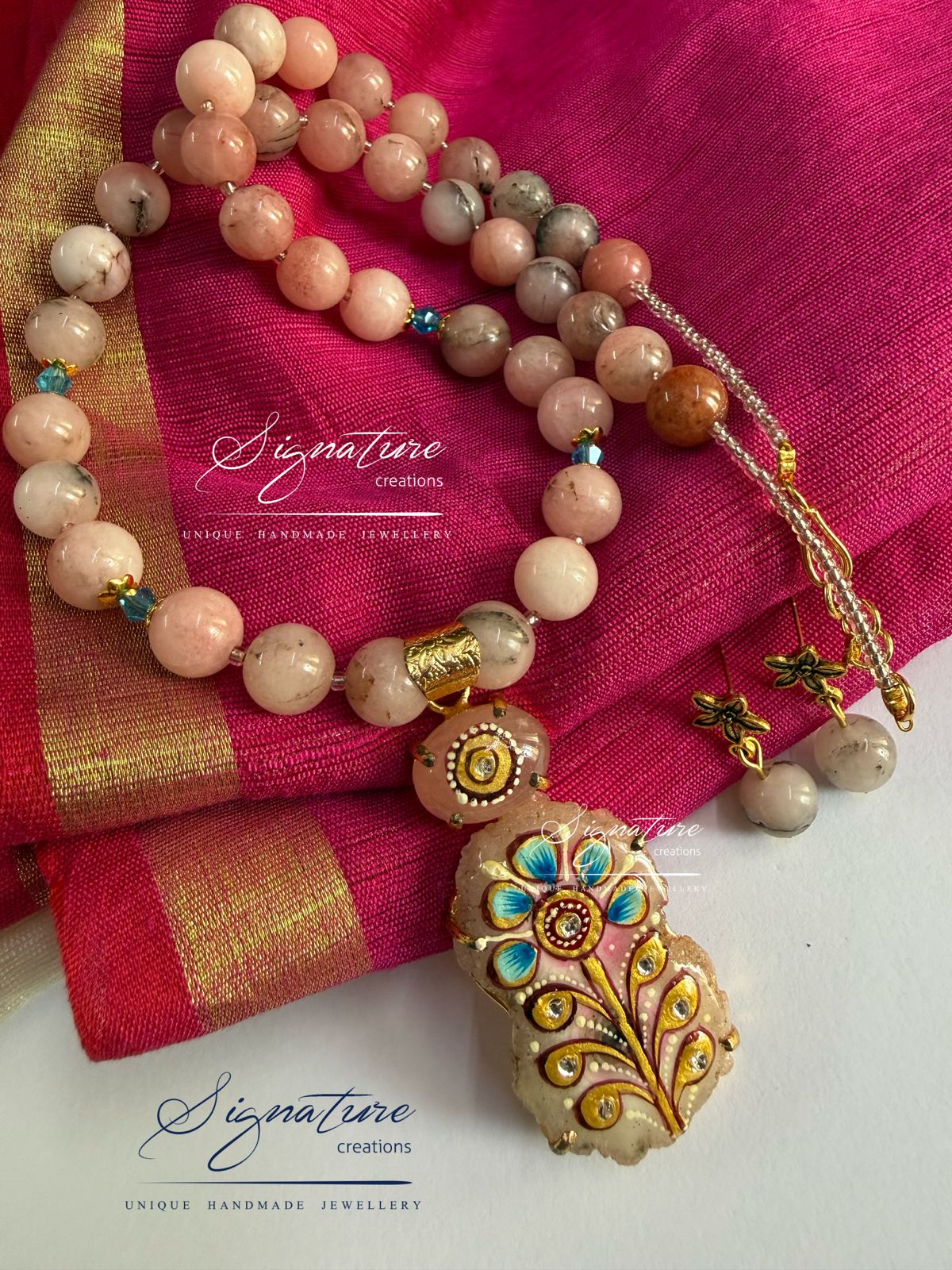 Cream Peach Tanjore Work Agate Set