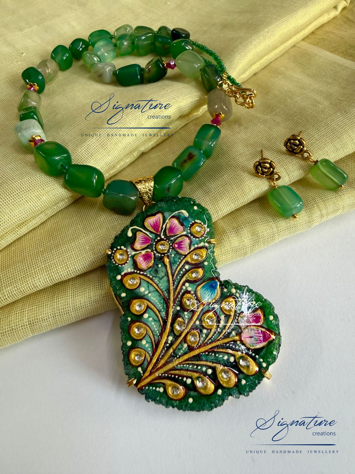 Green Tanjore Work Agate Set