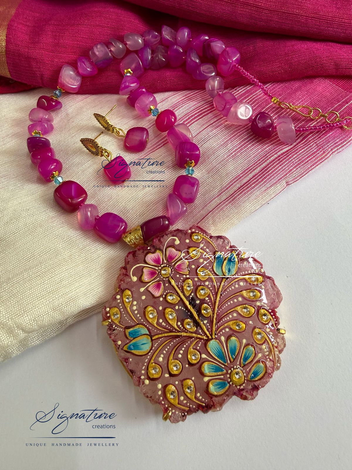 Pink Tanjore Work Agate Set