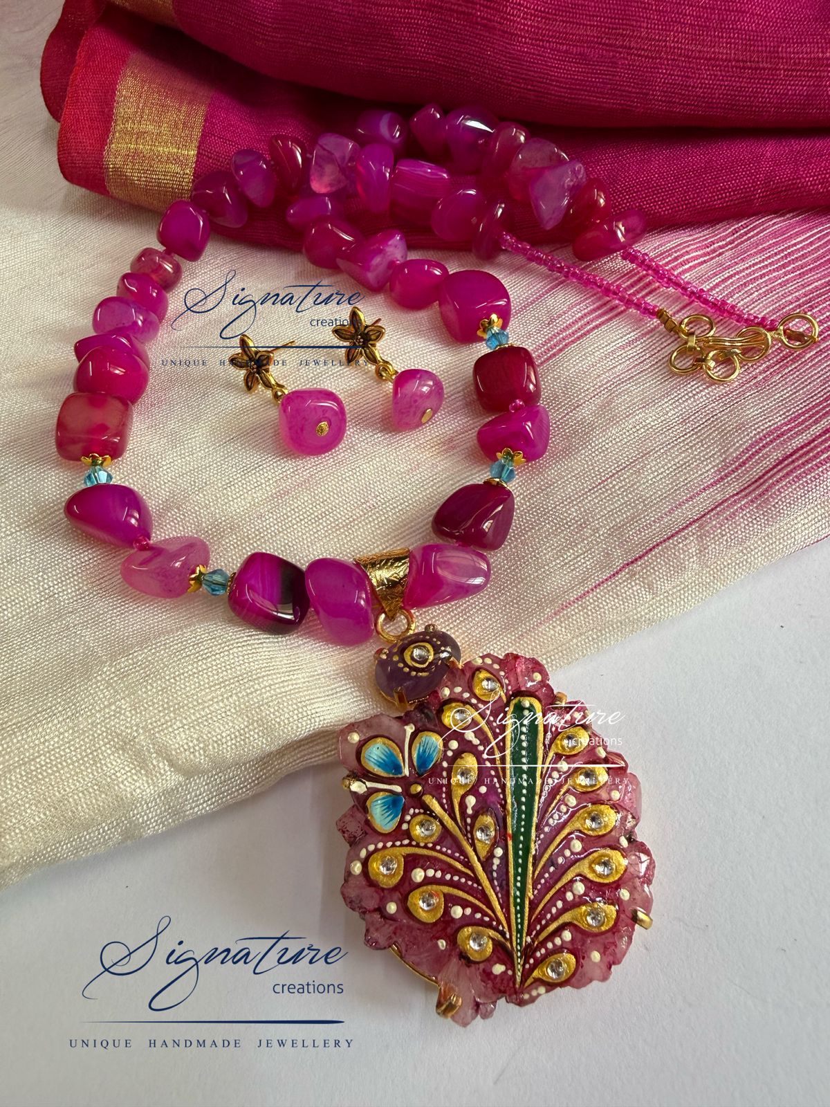 Pink Tanjore Work Agate Set