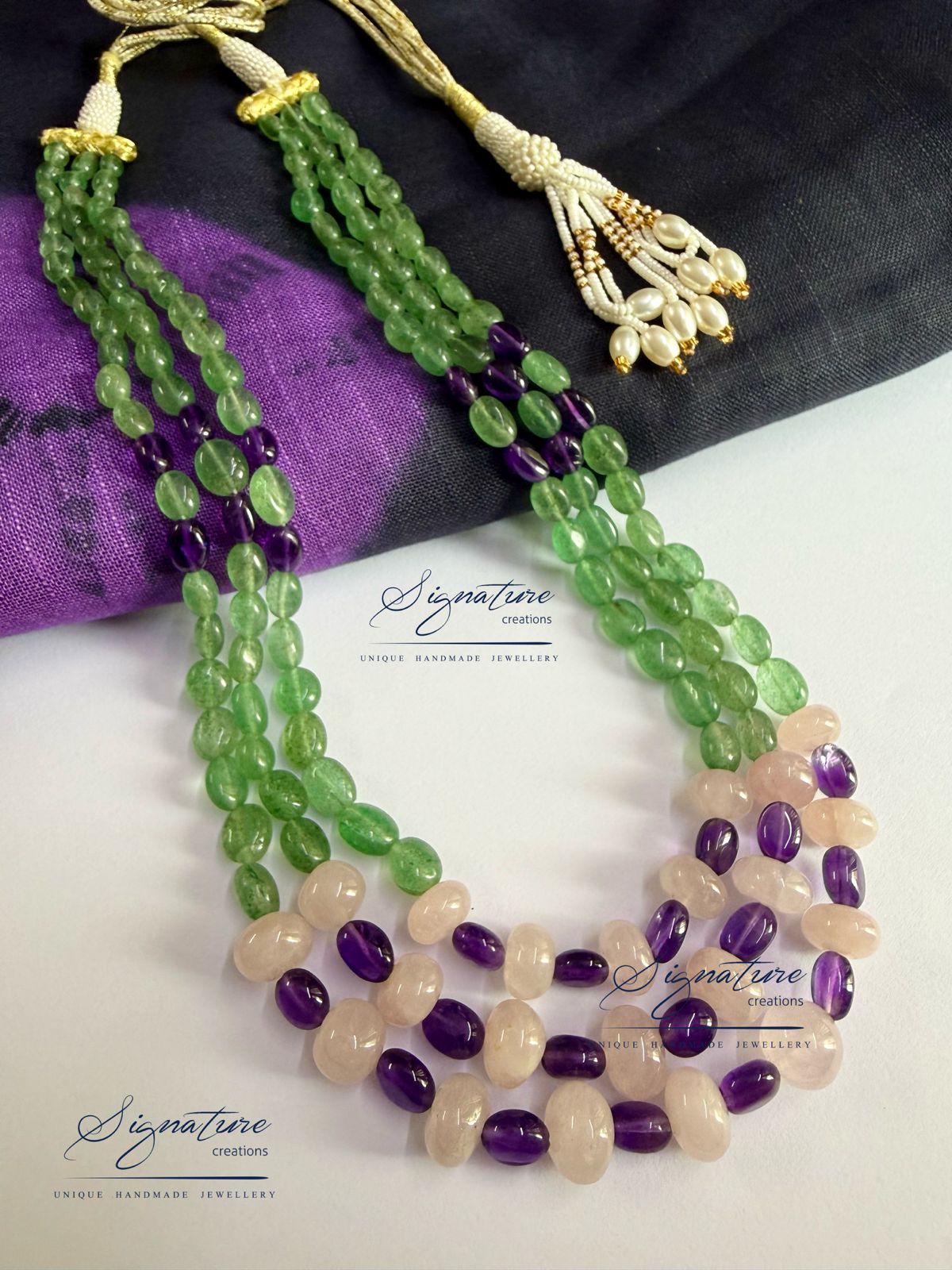 Strawberry Quartz, Amethyst and Rose Quartz Three-Line Set