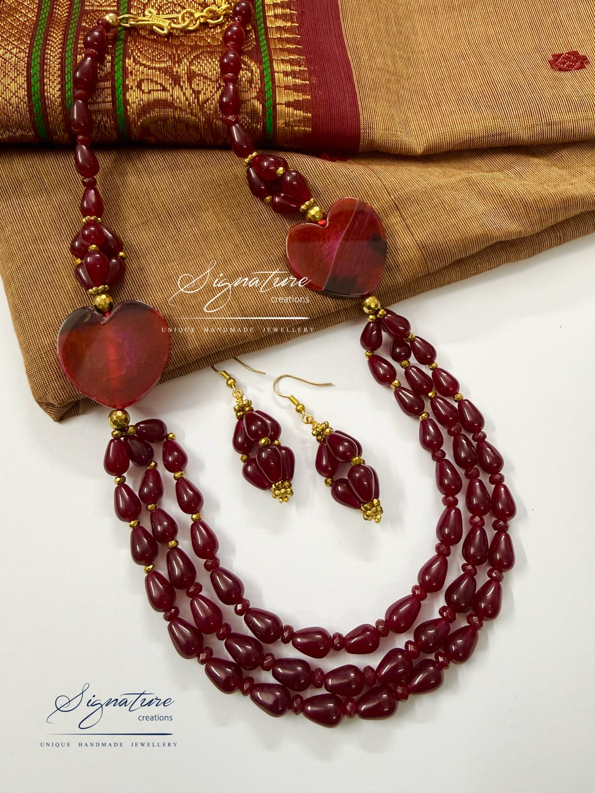 Maroon Bead Layered Heart Set