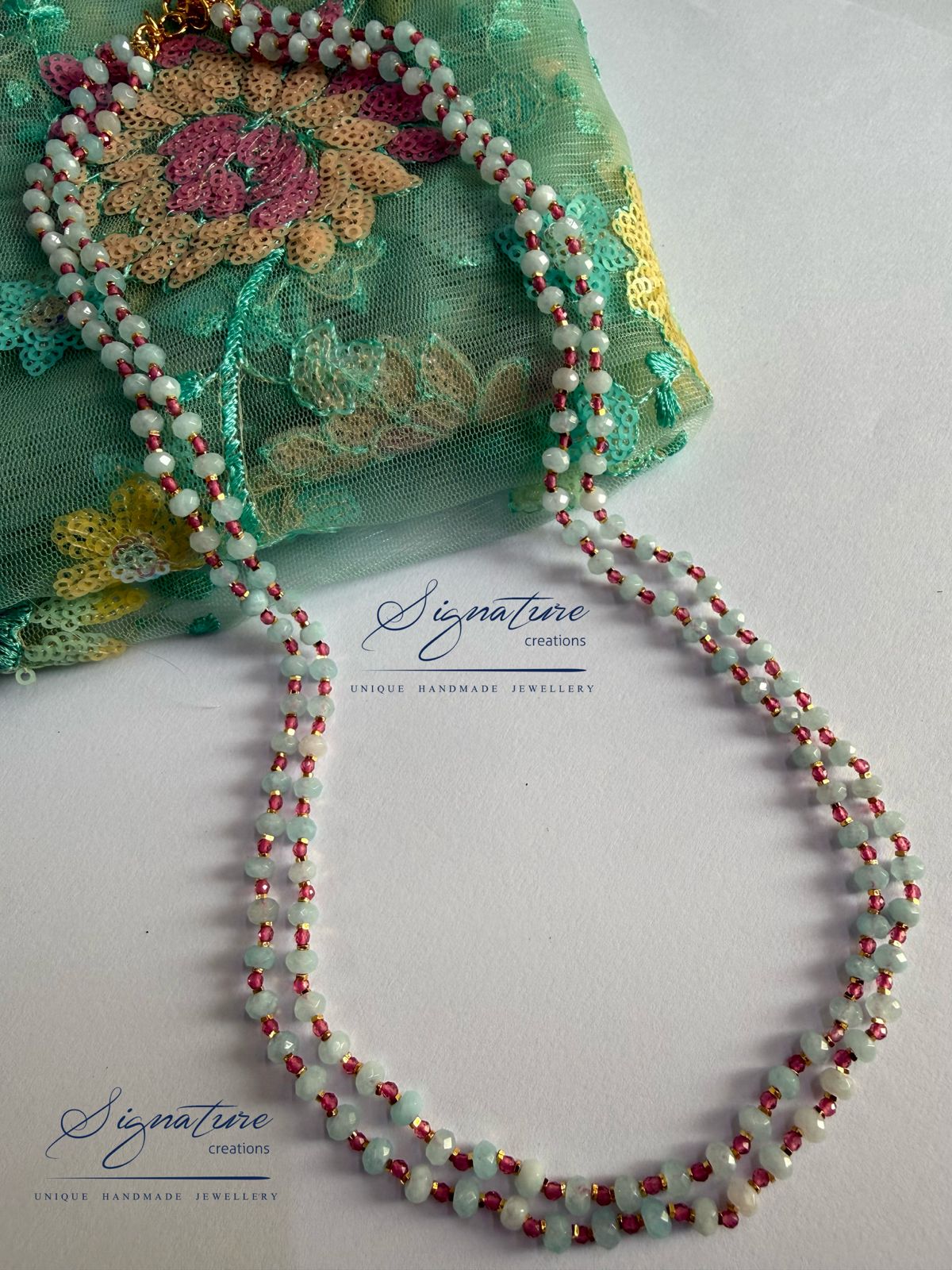 Mint Blue Agate and Pink Crystal Woven Two-Line Set