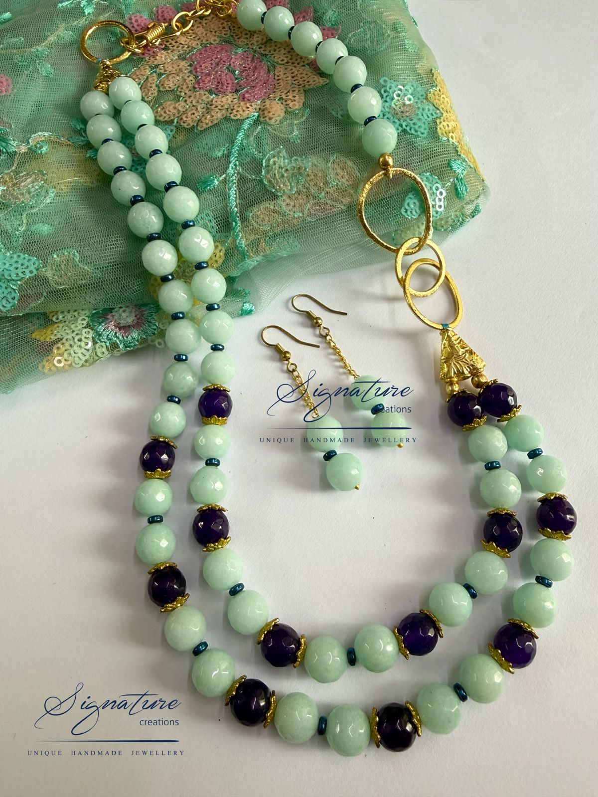 Green Agate and Purple Bead Two-Line Set